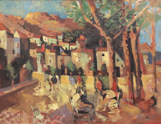 George Campbell RHA RUA (1917-1979) Figures in a Spanish town square, 17.5 x 23.5in.